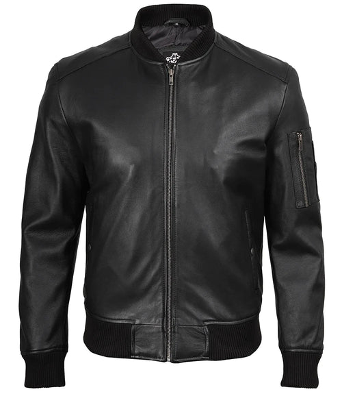 Men's Black Real Leather Bomber Jacket – Minimalist Edition