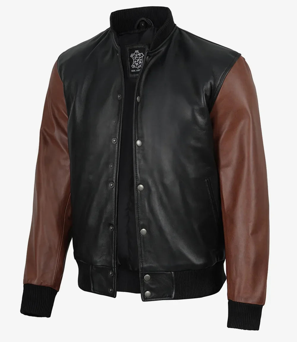Mens Black and Cognac Bomber Leather Jacket - Letterman Style