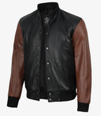 Mens Black and Cognac Bomber Leather Jacket - Letterman Style