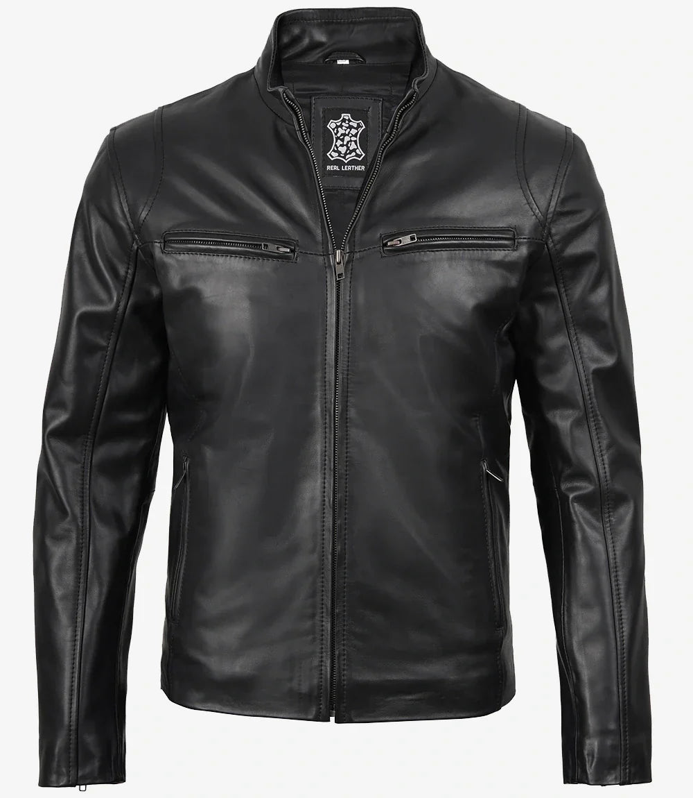 Mens Classic Black Cowhide Biker Style Leather Jacket