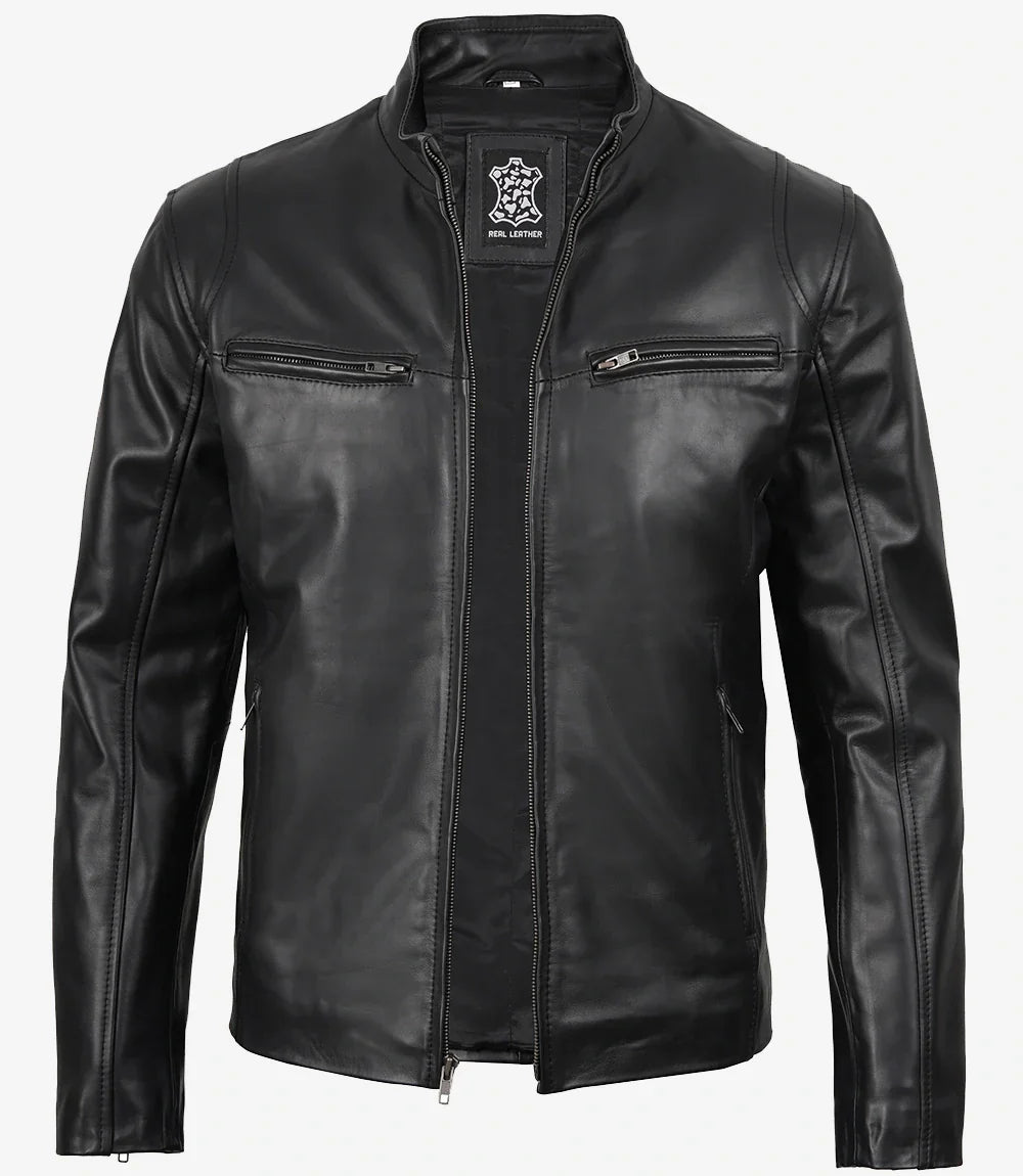 Mens Classic Black Cowhide Biker Style Leather Jacket