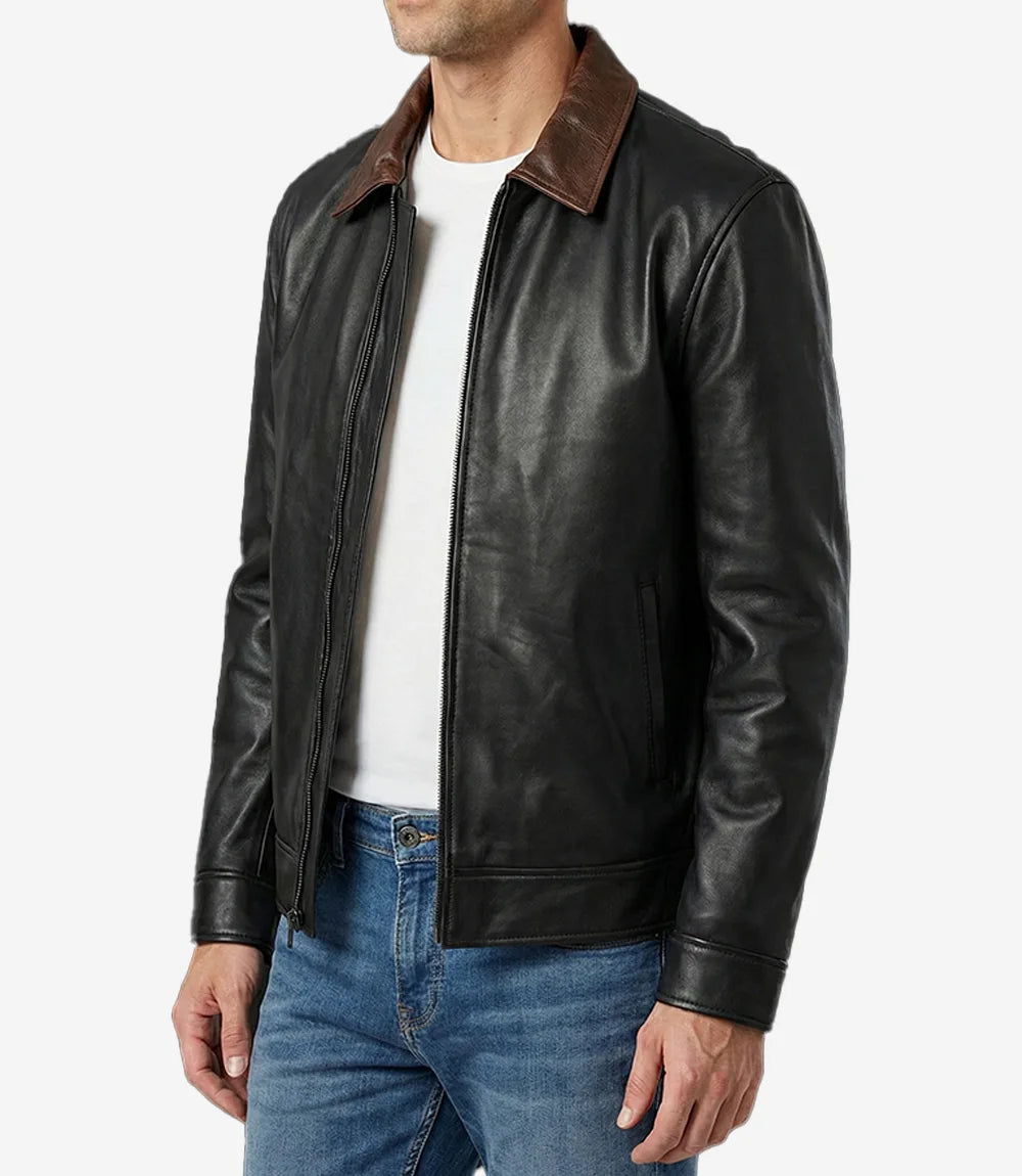 Mens Black Harrington Leather Jacket With Brown Collar