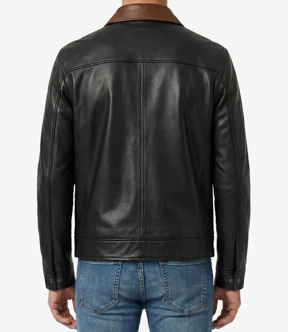 Mens Black Harrington Leather Jacket With Brown Collar