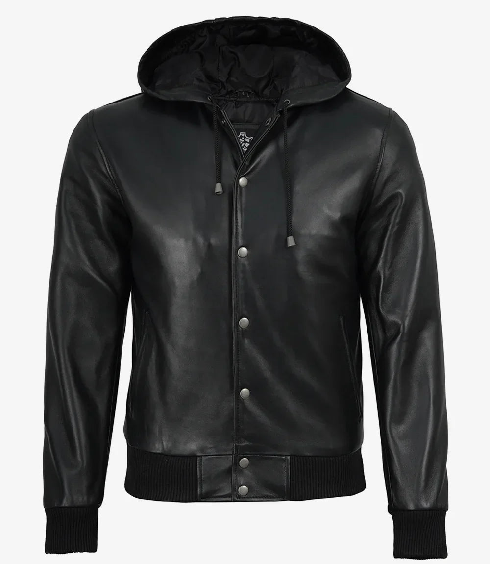Mens Black Hooded Leather Bomber Jacket - Letterman Style