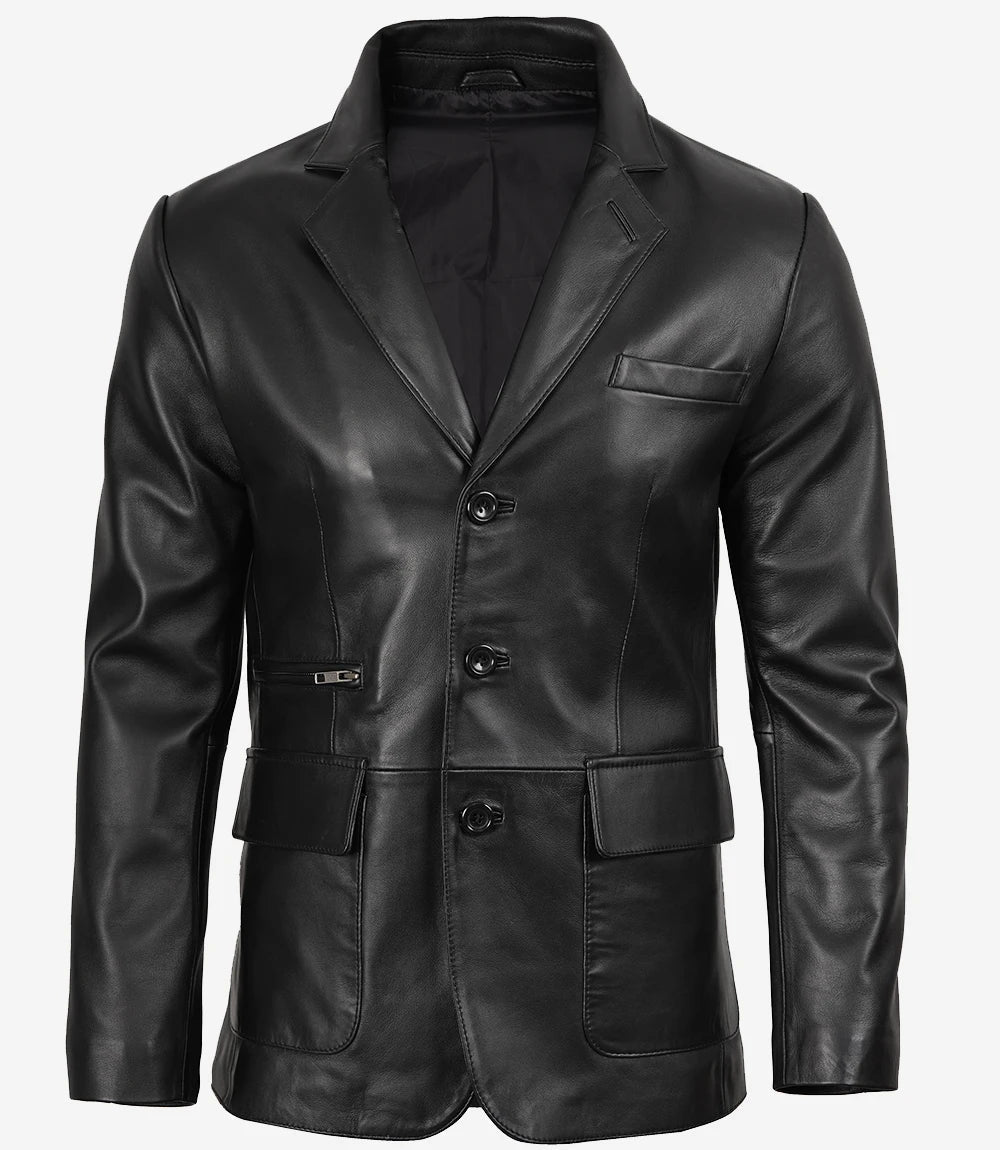 Mens Notch Lapel Three Button Black Leather Blazer