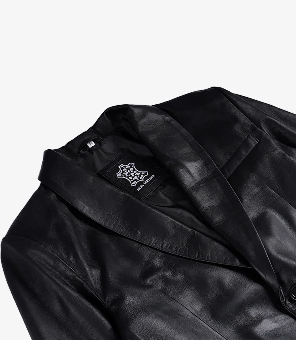 Men's Single Button Black Leather Blazer - Shawl Lapel