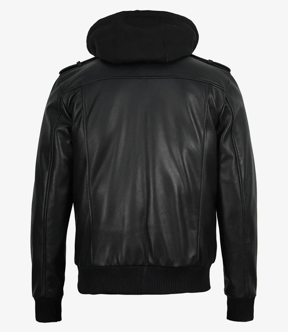 Mens Classic Black Bomber Leather Jacket with Hood