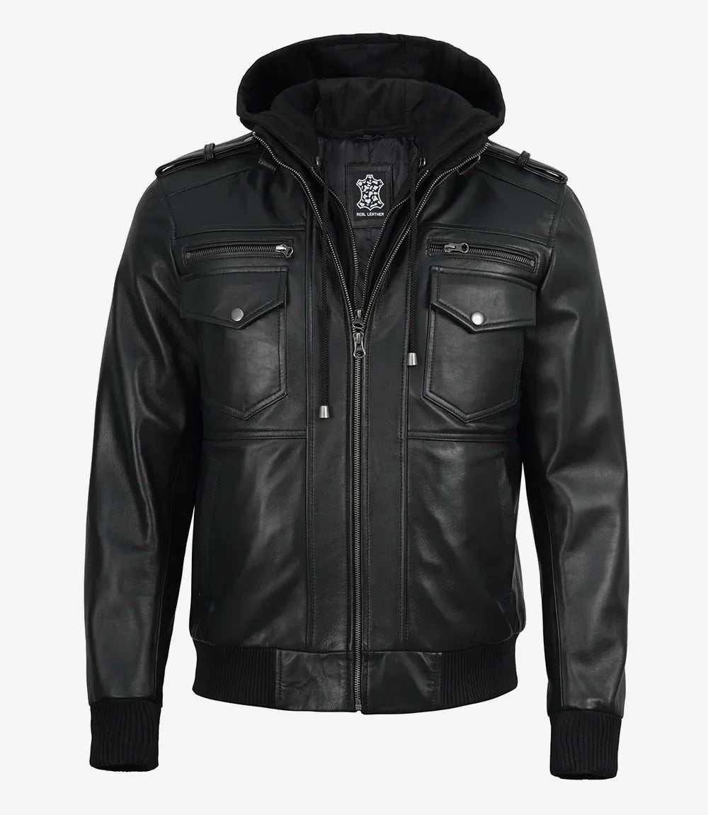 Mens Classic Black Bomber Leather Jacket with Hood