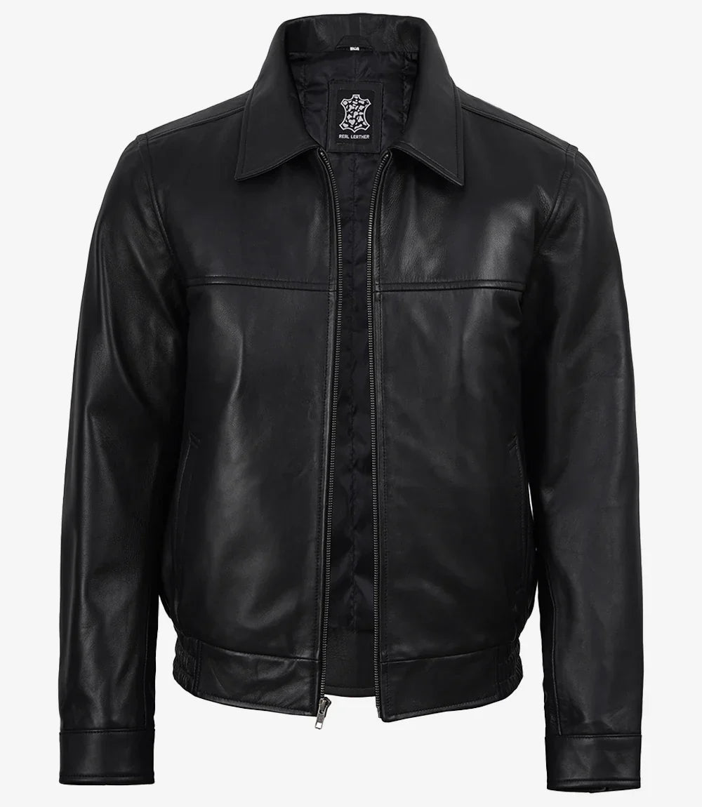 Black Classic Shirt Collar Leather Bomber Jacket for Men