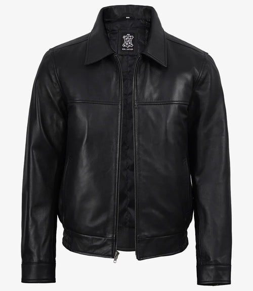 Black Classic Shirt Collar Leather Bomber Jacket for Men