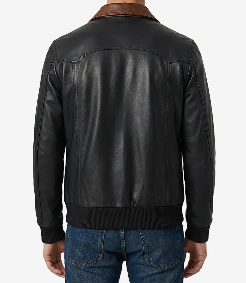 Mens Black Leather Bomber Jacket with Dark Brown Collar