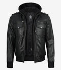 Mens Classic Black Bomber Leather Jacket with Hood