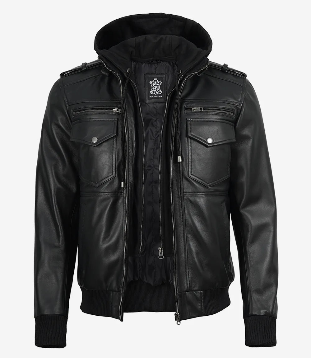 Mens Classic Black Bomber Leather Jacket with Hood