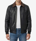 Mens Black Leather Bomber Jacket with Dark Brown Collar