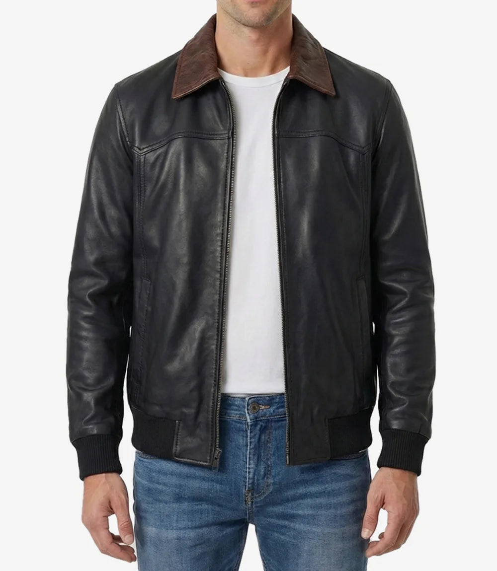 Mens Black Leather Bomber Jacket with Dark Brown Collar