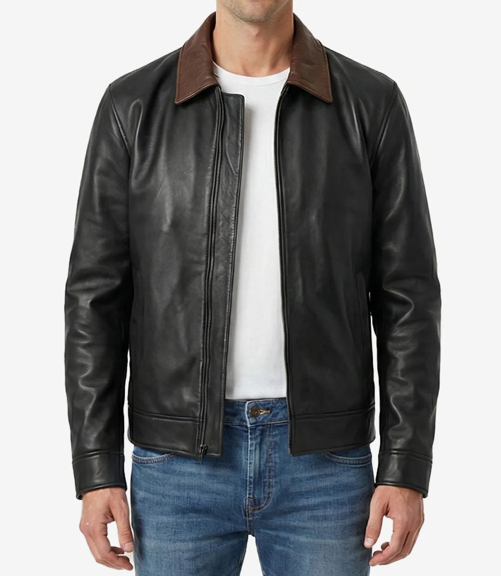 Mens Black Harrington Leather Jacket With Brown Collar