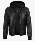 Mens Black Hooded Leather Bomber Jacket - Letterman Style