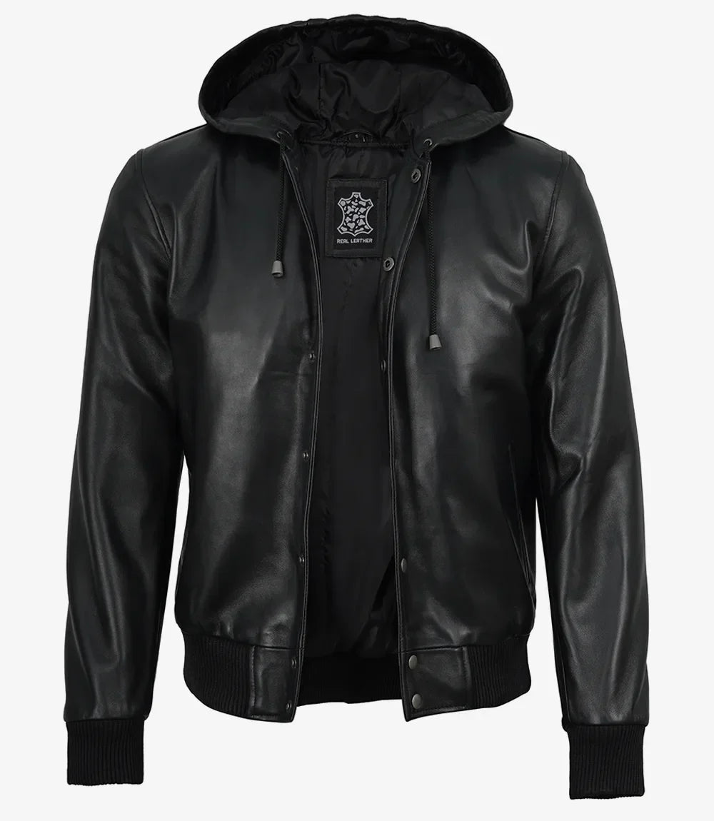 Mens Black Hooded Leather Bomber Jacket - Letterman Style