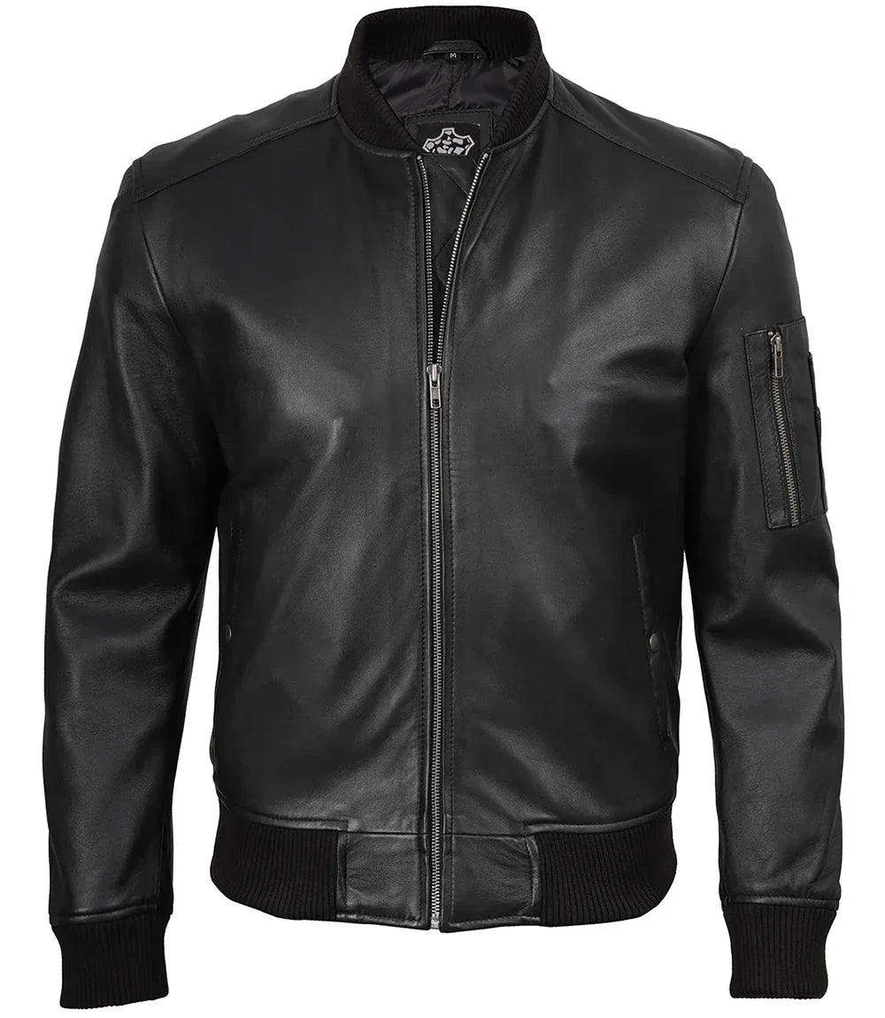Men's Black Real Leather Bomber Jacket – Minimalist Edition