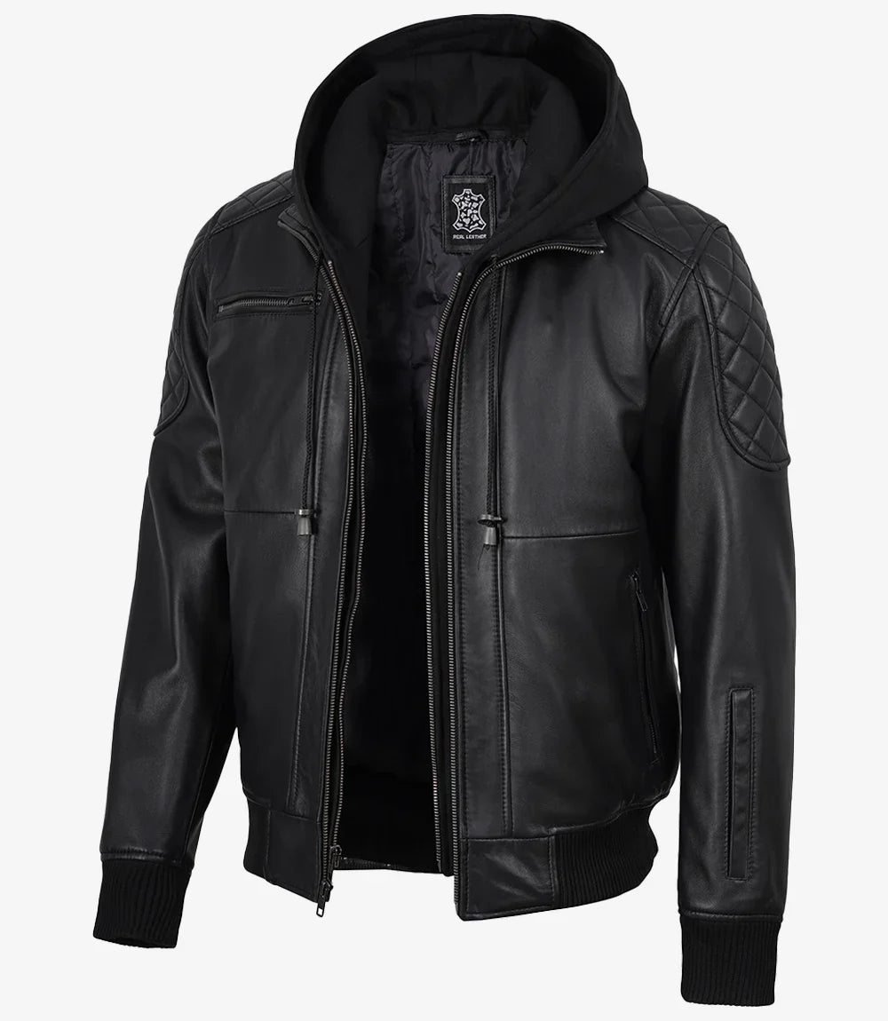 Men's Black Quilted Leather Bomber Jacket with Removable Hood