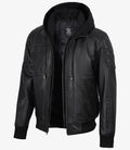 Men's Black Quilted Leather Bomber Jacket with Removable Hood
