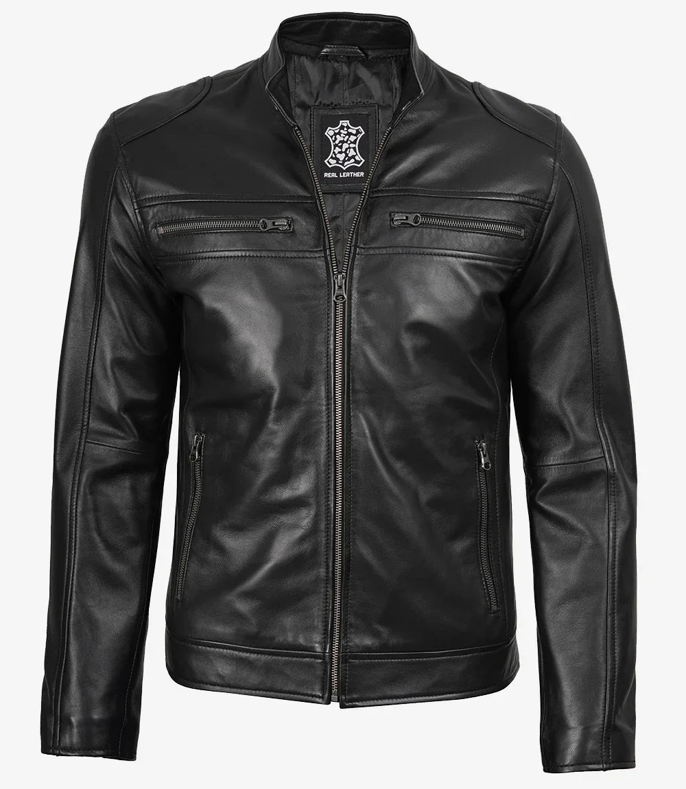 Mens Real Leather Black Biker Style Jacket