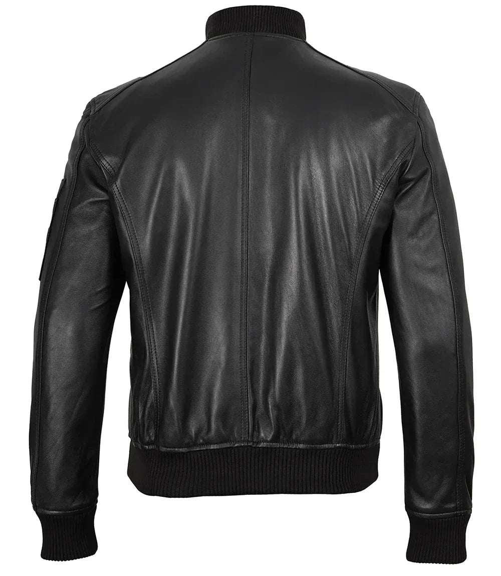 Men's Black Real Leather Bomber Jacket – Minimalist Edition