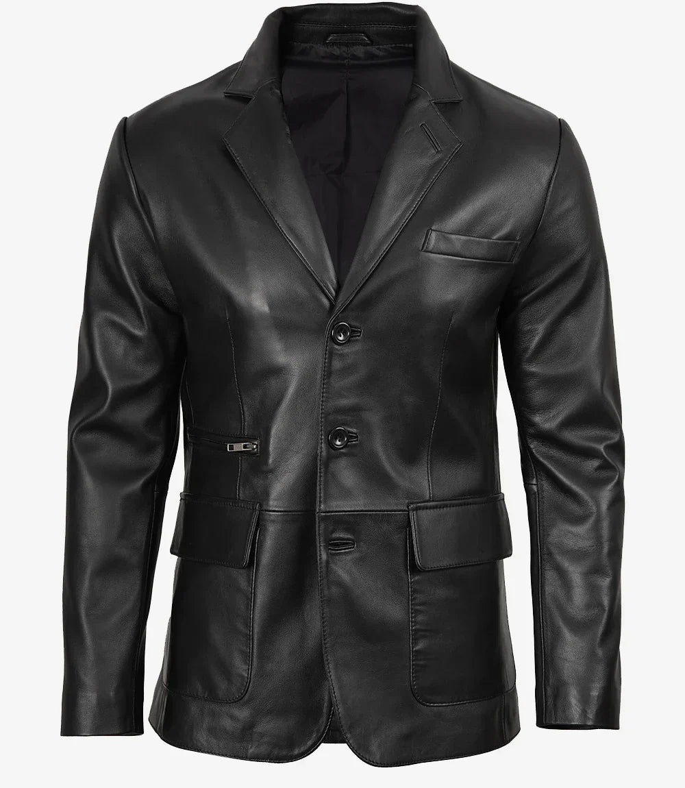 Mens Notch Lapel Three Button Black Leather Blazer