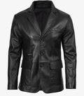 Mens Notch Lapel Three Button Black Leather Blazer