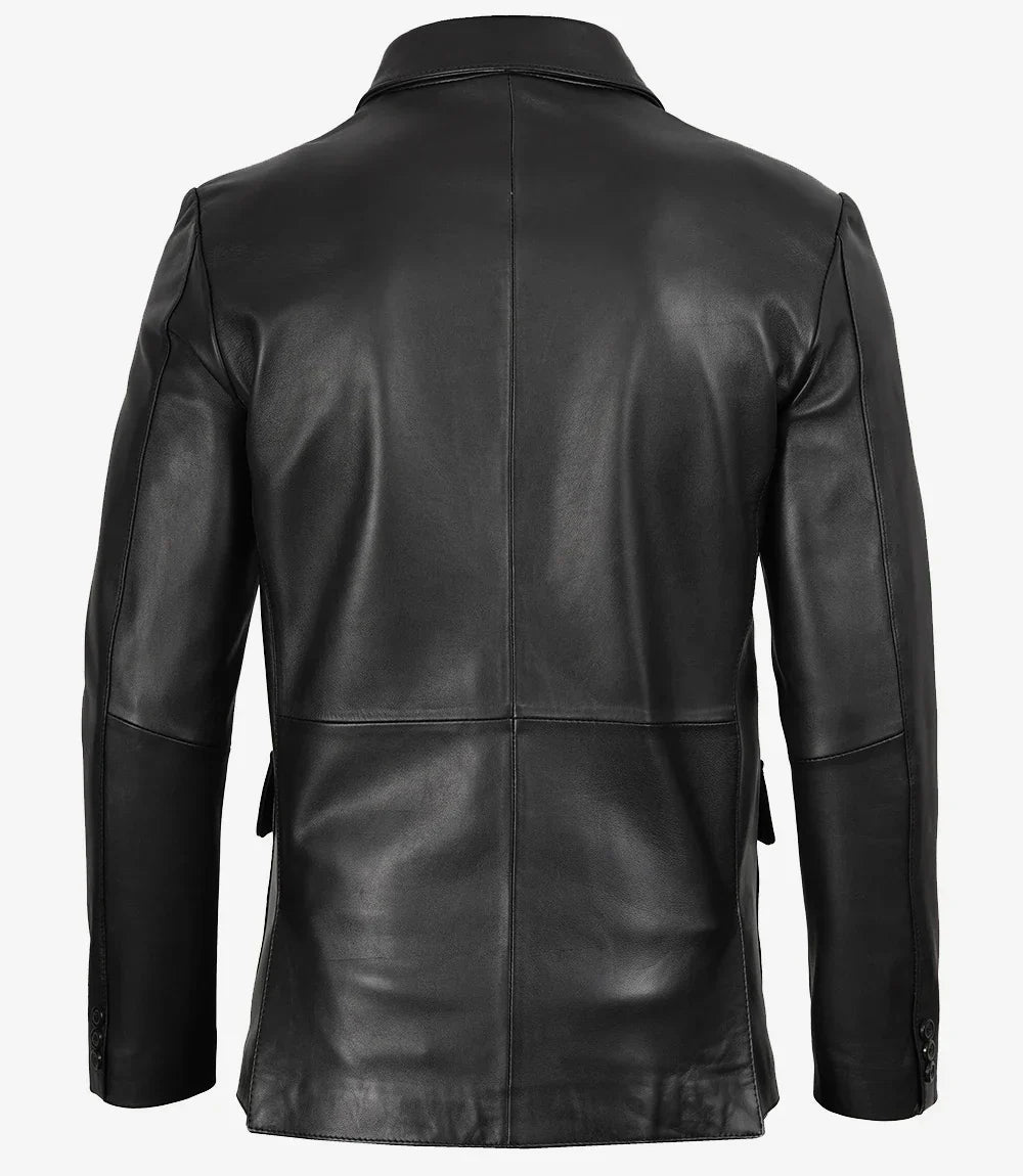 Mens Notch Lapel Three Button Black Leather Blazer