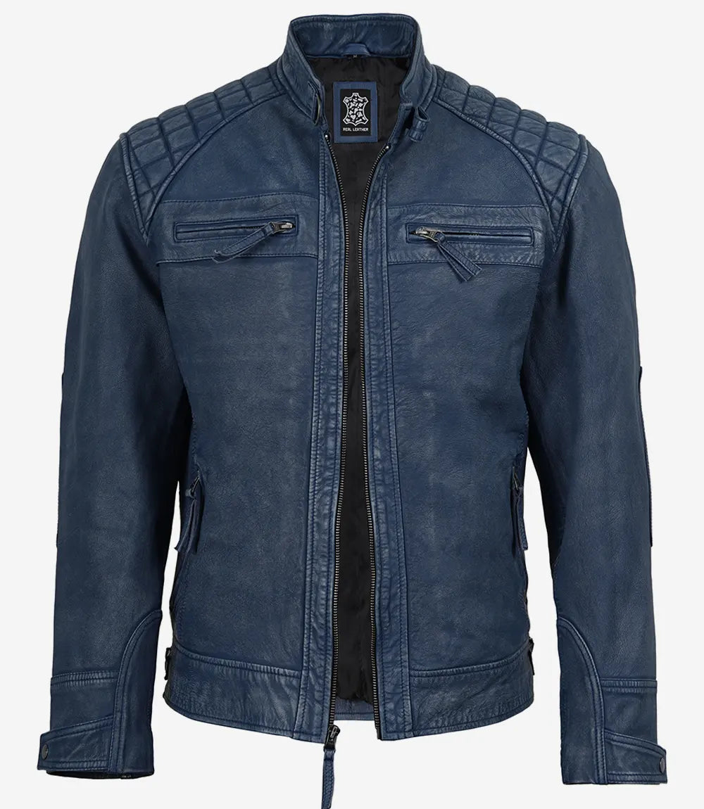Mens Blue Washed Leather Biker Style Jacket