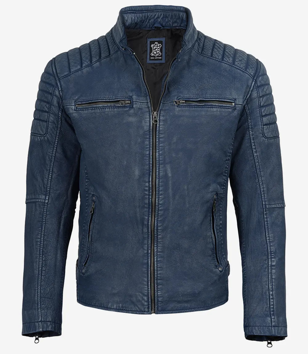 Mens Blue Washed Biker Style Leather Jacket