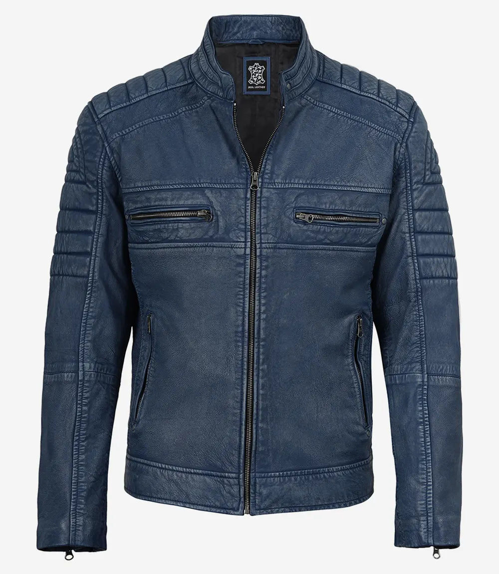 Mens Blue Washed Cafe Racer Leather Jacket