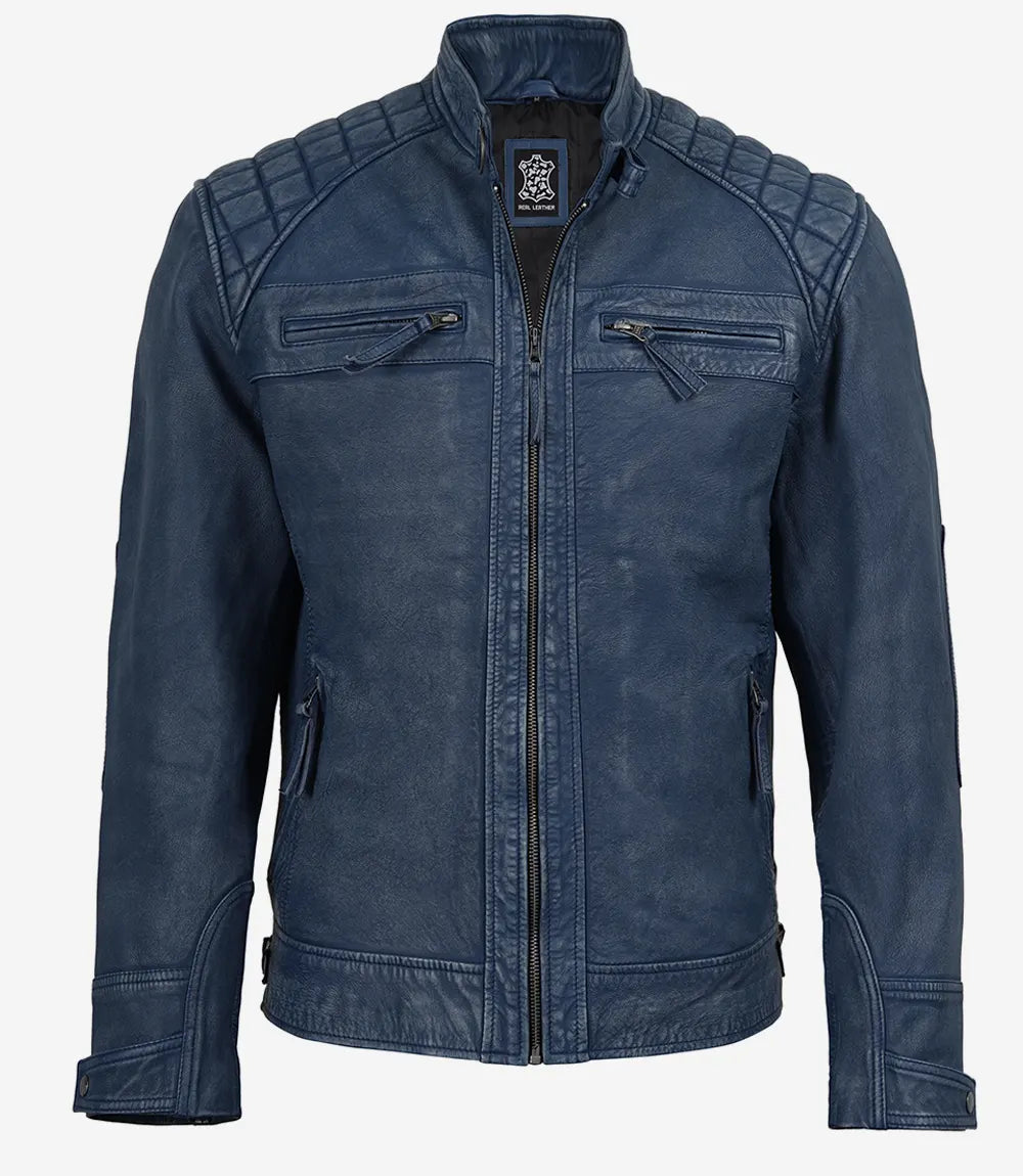 Mens Blue Washed Leather Biker Style Jacket