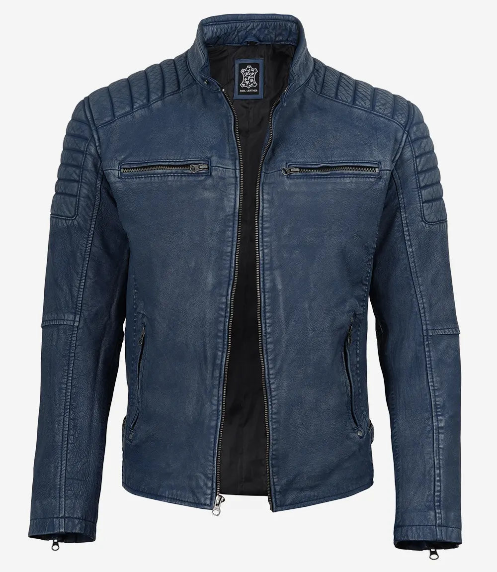 Mens Blue Washed Biker Style Leather Jacket