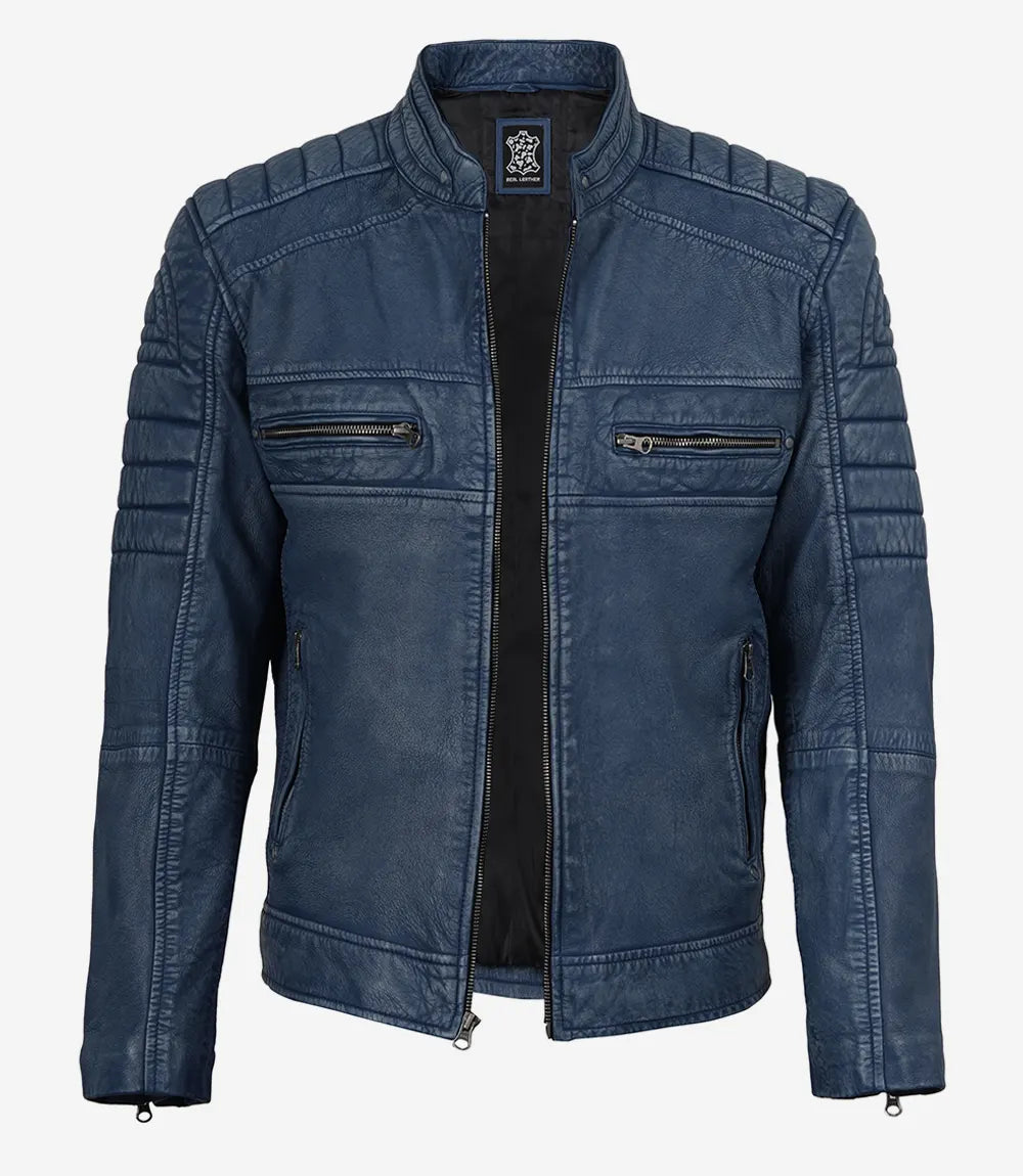 Mens Blue Washed Cafe Racer Leather Jacket