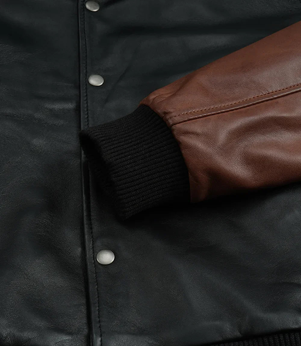 Mens Black and Cognac Bomber Leather Jacket - Letterman Style