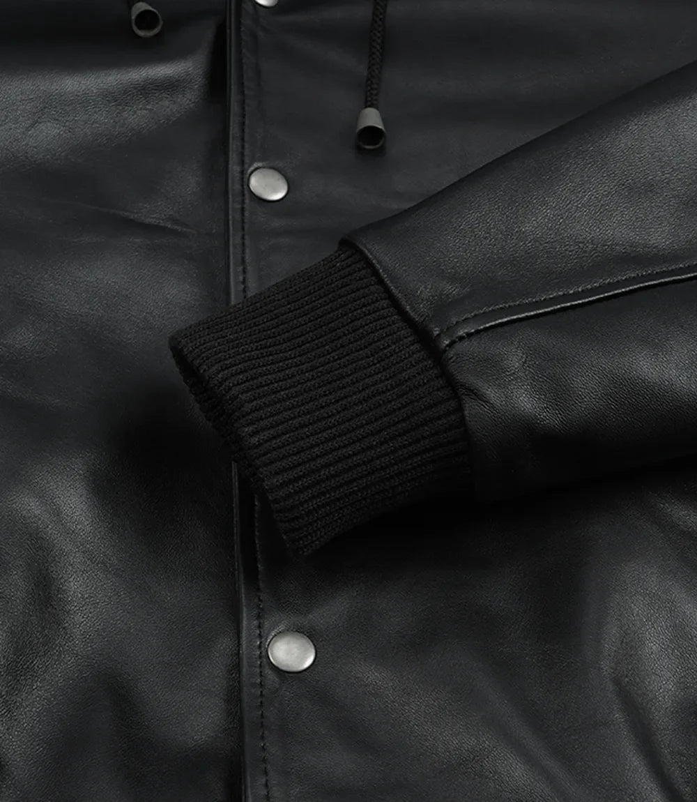 Mens Black Hooded Leather Bomber Jacket - Letterman Style