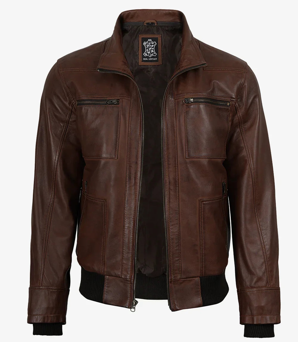 Mens Cognac Waxed Bomber Leather Jacket With Hood