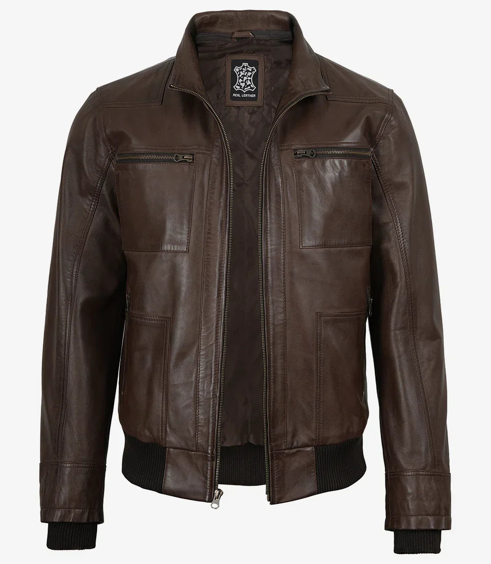 Mens Dark Brown Bomber Leather Jacket With Hood