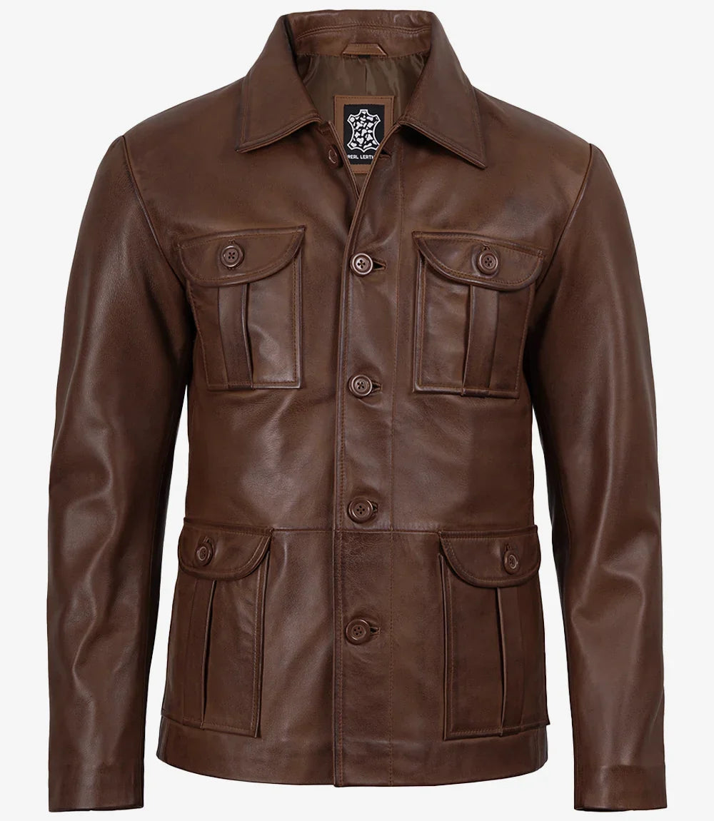 Men's Brown Cognac Wax Utility Leather Field Jacket
