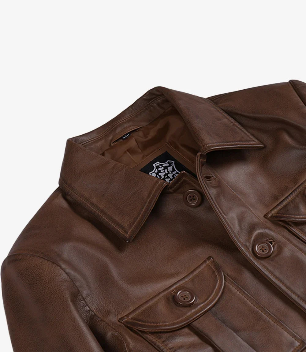 Men's Brown Cognac Wax Utility Leather Field Jacket