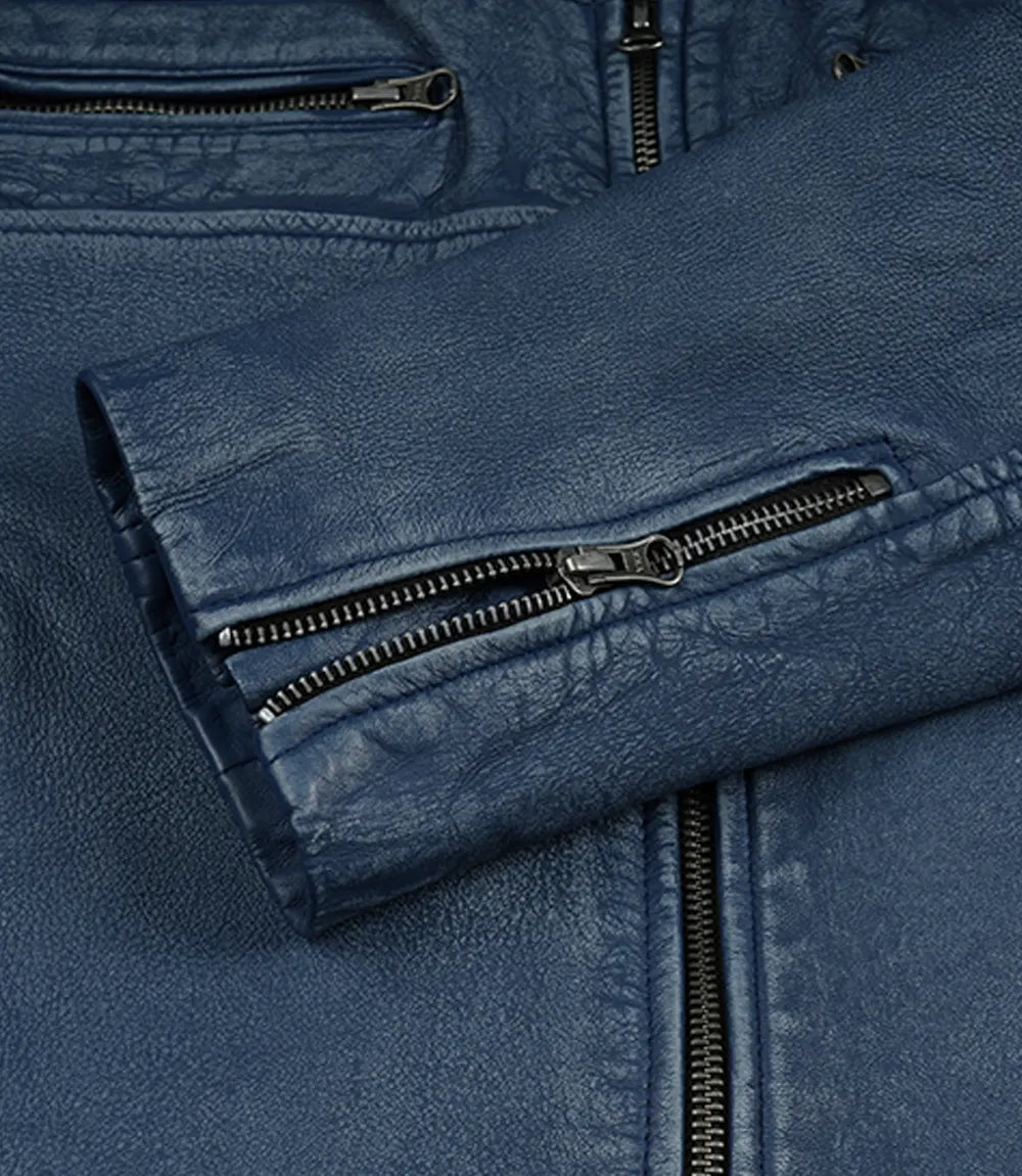 Mens Blue Washed Cafe Racer Leather Jacket
