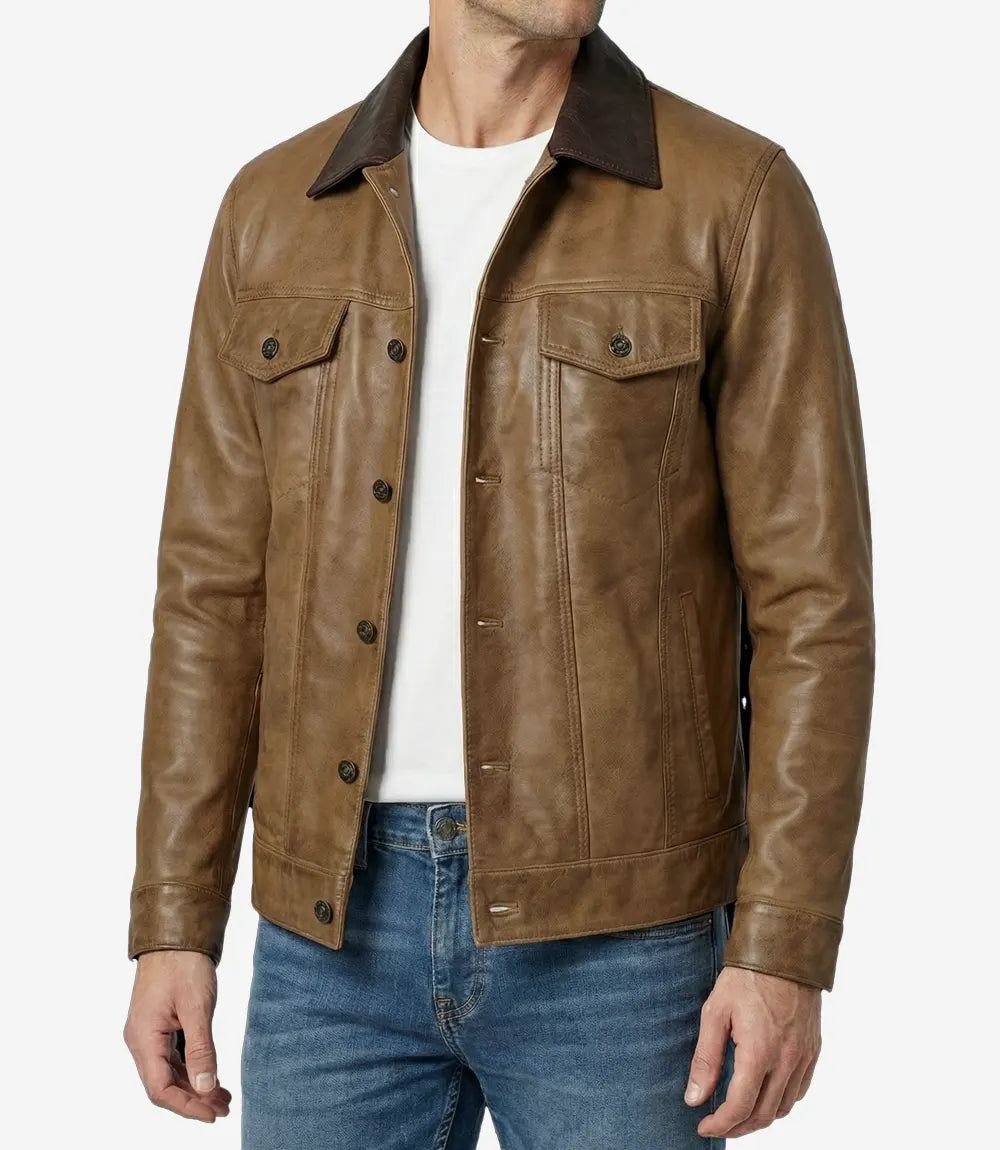 Mens Dark Brown Collar Camel Waxed Leather Trucker Jacket