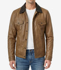 Mens Dark Brown Collar Camel Waxed Leather Trucker Jacket
