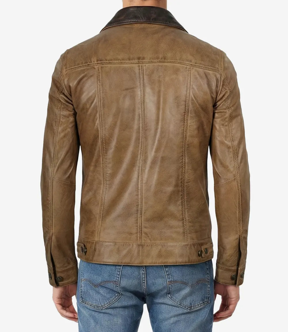 Mens Dark Brown Collar Camel Waxed Leather Trucker Jacket