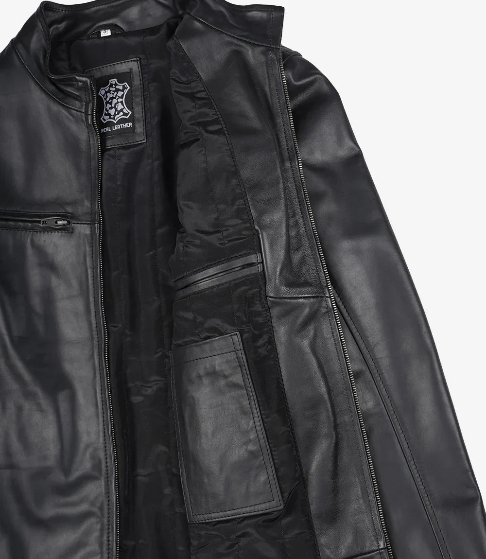 Mens Classic Black Cowhide Biker Style Leather Jacket