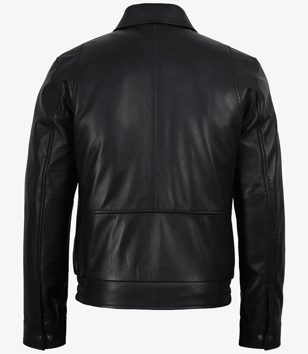 Black Classic Shirt Collar Leather Bomber Jacket for Men