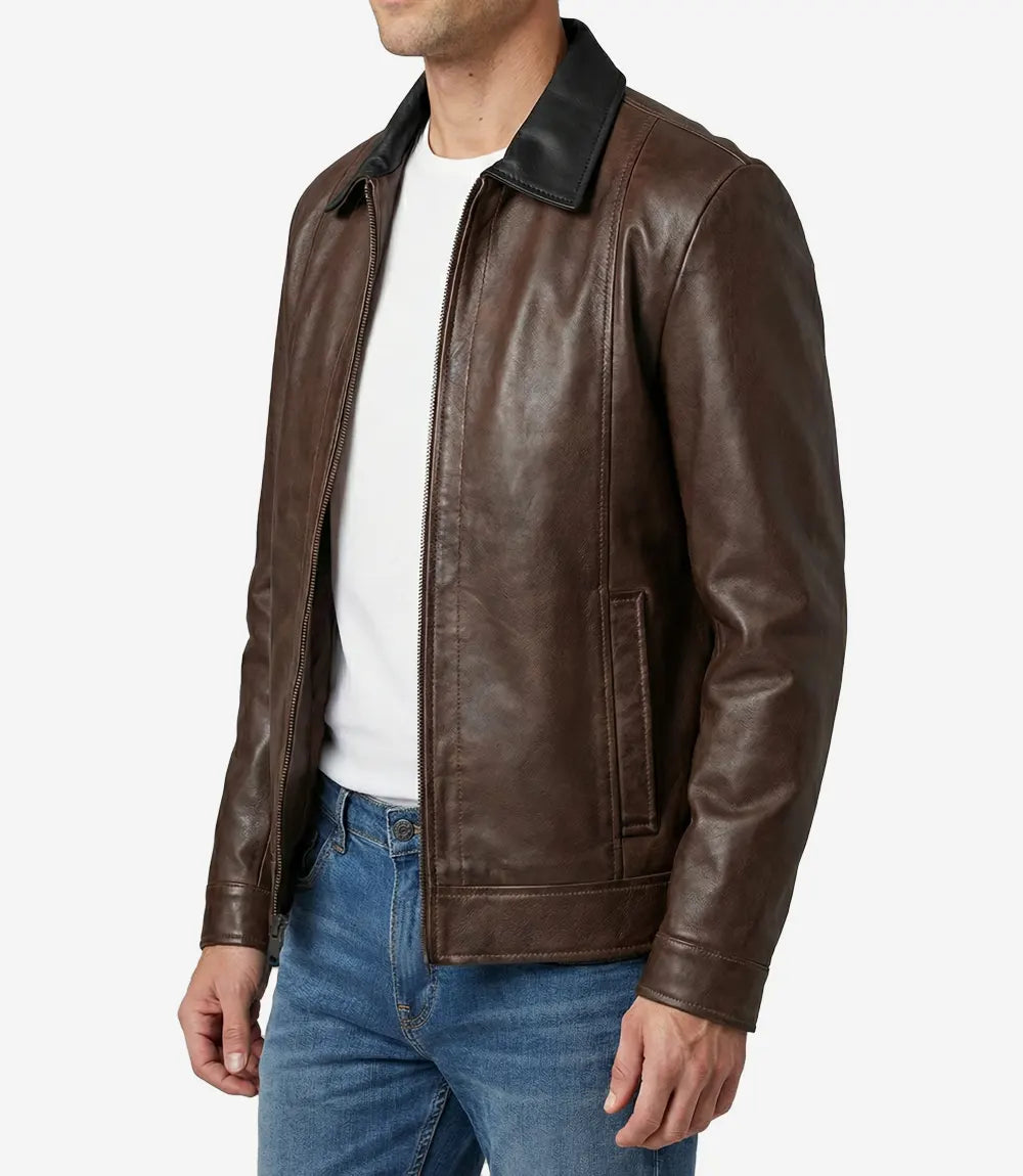 Mens Coffee Waxed Leather Jacket With Black Collar