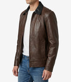 Mens Coffee Waxed Leather Jacket With Black Collar